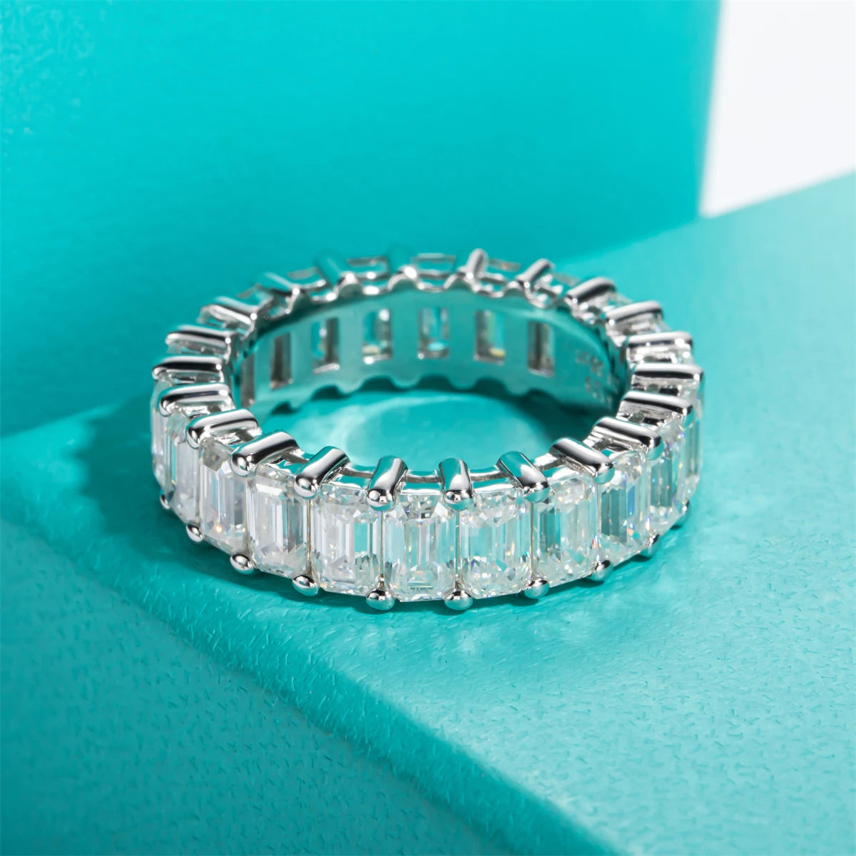 3*5mm 8.1cttw Emerald Moissanite Eternity Ring 925 Sterling Silver D Color Created Diamond Wedding Band Ring For Women