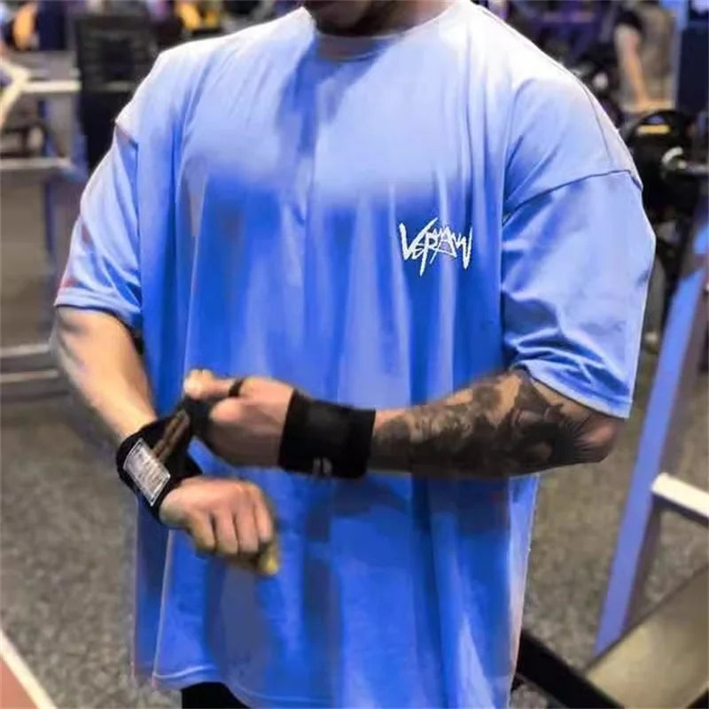 NEW Round Collar  sports T Shirt Oversize Cotton Summer Tee Training running shirt Man Streetwear Half Sleeve men T-shirt