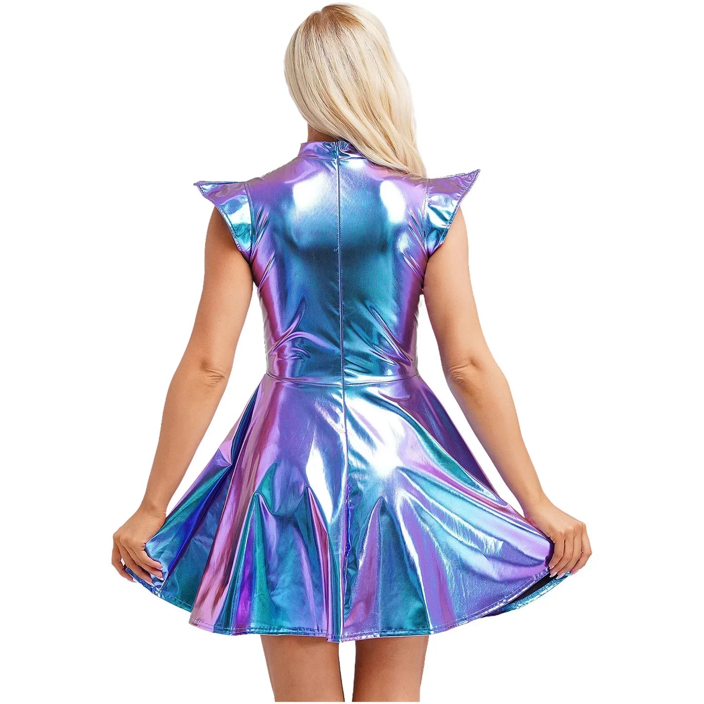 Womens Cocktail Dress Shiny Metallic Dress Alien Space Cap Sleeve High Waist A-line Dress for Halloween Party High Street Dress