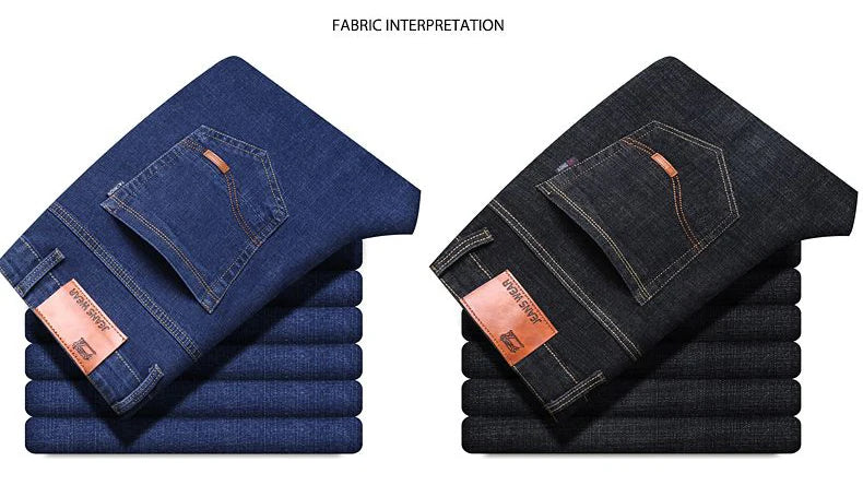 Autumn Spring Business Jeans Men Casual Comfortable Straight Denim Pant Stretch Fashion Classic Soft Premium Blue Black Trousers