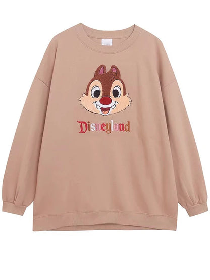 Mouse Chip An' Dale Cartoon Print Embroidery Fleece Sweatshirt New Women O-Neck Pullover Jumper Tops