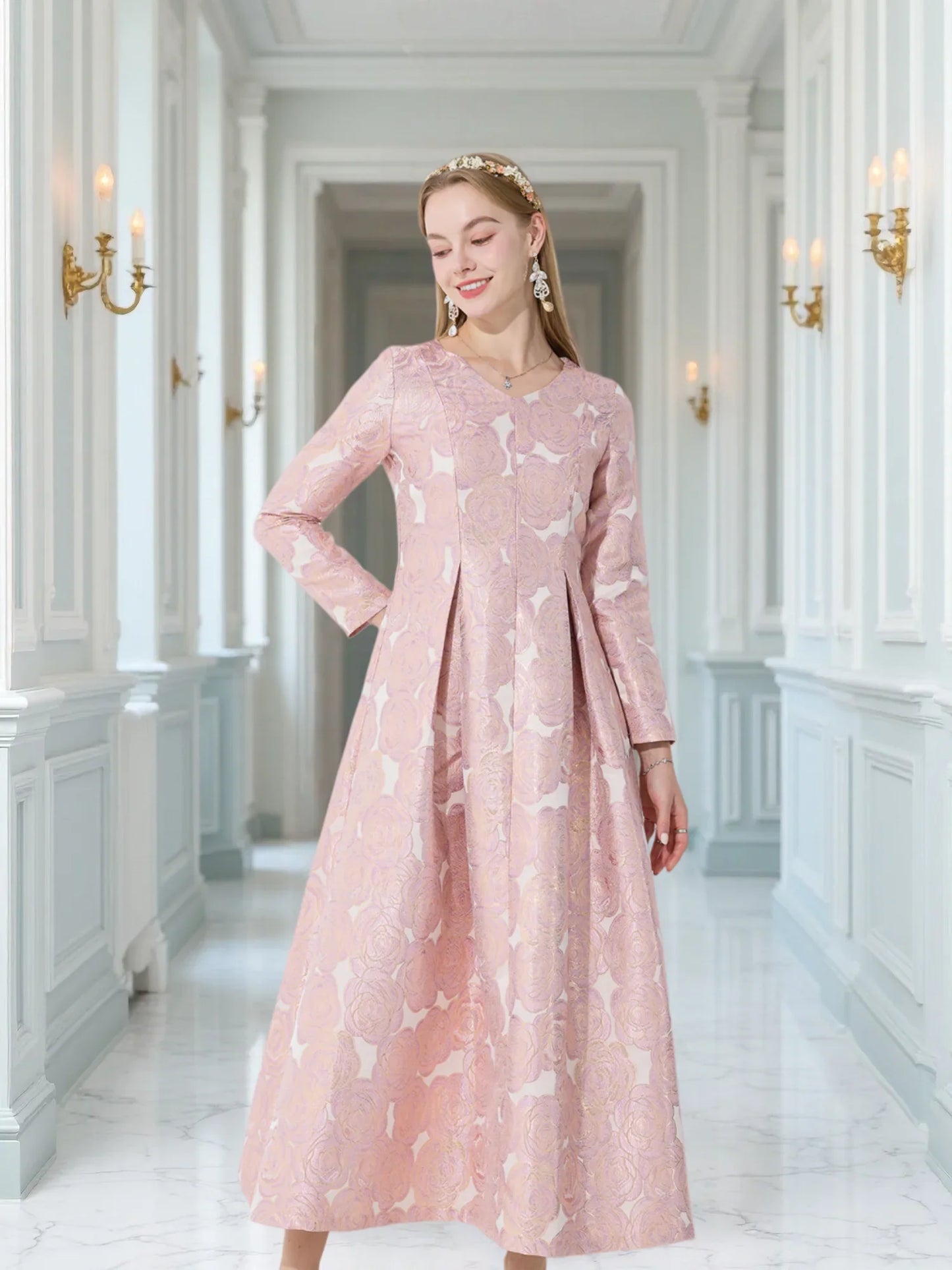 Elegant Women Long Maxi Jacquard Dress Party Fashion Floral Clothing  New Arrival Evening Vintage Ladies Ball Gown Vestido