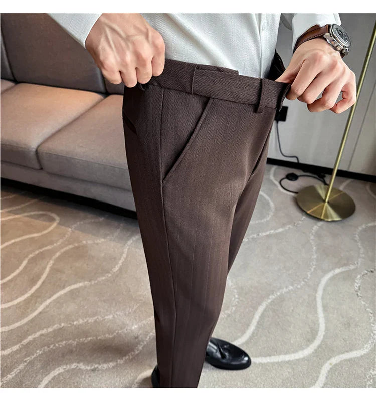 Men's Wool Blend Dress Pants, Elastic Waist Business Trousers, Tapered Slim Fit, Charcoal Gray Black Navy