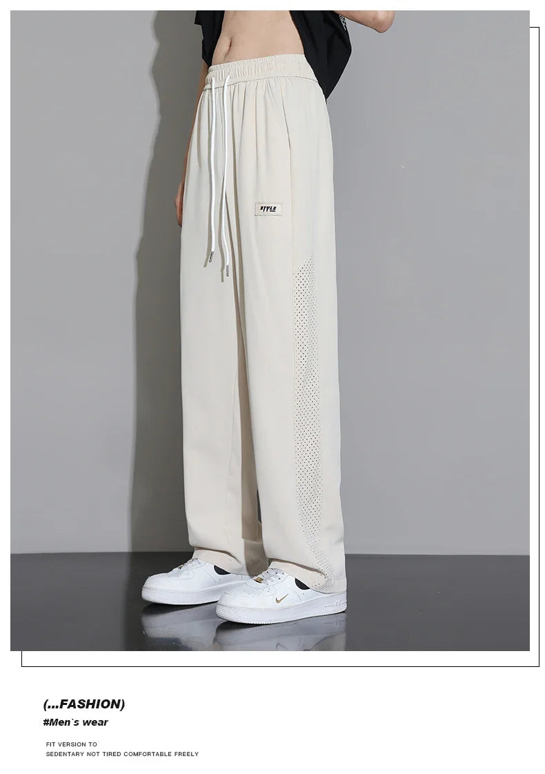 Men's Ice Silk Pants Summer Thin Style Drape Effect Loose Straight Casual Long Pants Trendy Brand Wide‑Leg Sports Pants for Boys