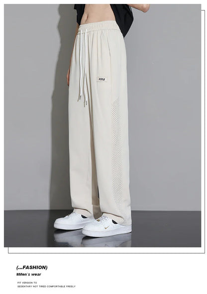 Men's Ice Silk Pants Summer Thin Style Drape Effect Loose Straight Casual Long Pants Trendy Brand Wide‑Leg Sports Pants for Boys