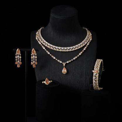 00039 Bridal Women jewelry Set Double Layer Necklace Set Cubic Zircon Wedding  Jewellery Set Dubai Saudi EngagementAccessories