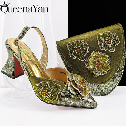 Elegant Lilac Color Women's Heels Handbag Set Rhinestone Embellished Designer Shoes for Weddings Special Events