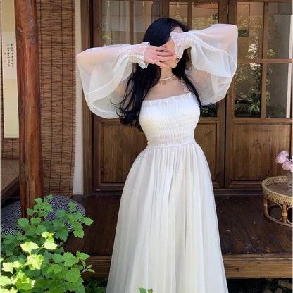 Elegant Maxi Dresses For Women White Off Shoulder Puff Long Sleeve Elastic High Waist Party Gown Ruffle Holiday Dress