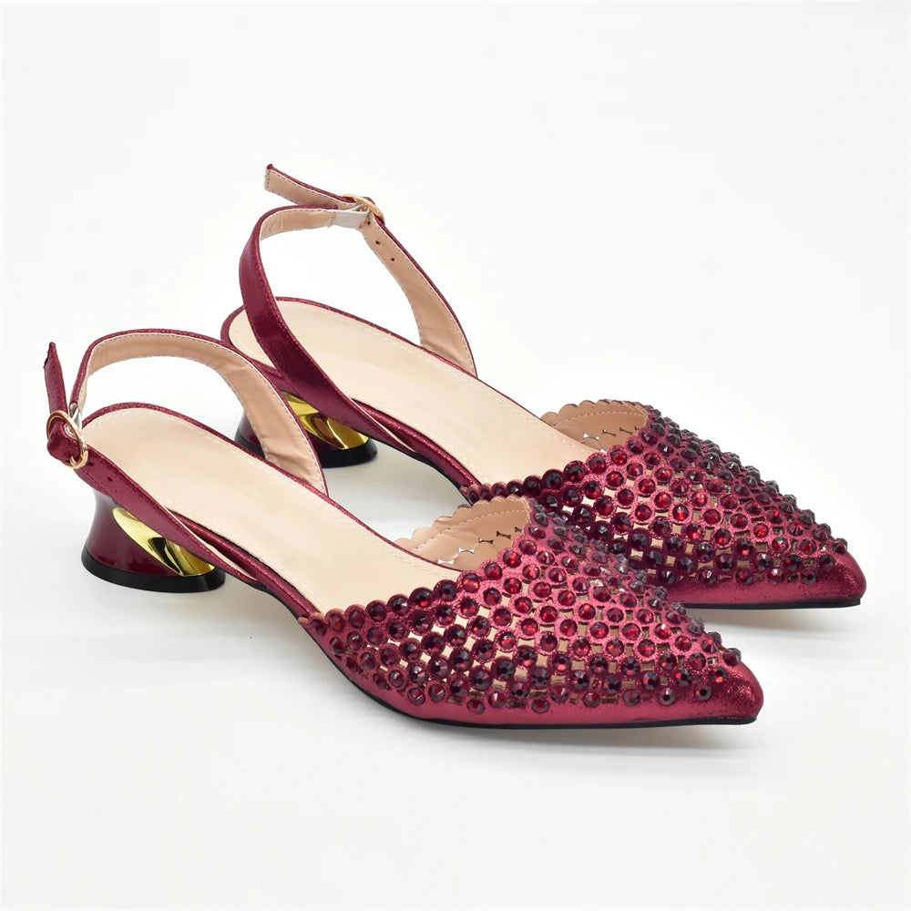 Fashion Italian Shoes with Matching Bags Set with Rhinestone African Shoes for Women Mid Heels Party Pumps Plus Size Heels 43
