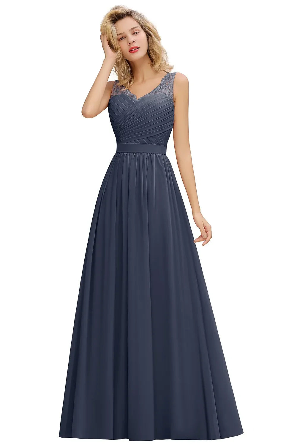Elegant Bridesmaid Dress Pleated Bodice See-through Lace Cap Sleeves Maxi Flowy A-Line Skirt Wedding Party Gown Women