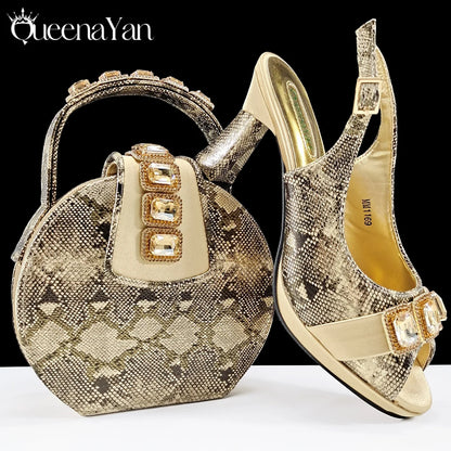 Luxurious Italian Women's Party Shoes&Bag Set Elegant Golden Rhinestone  Sandals with Peep Toe High Heels Wedding