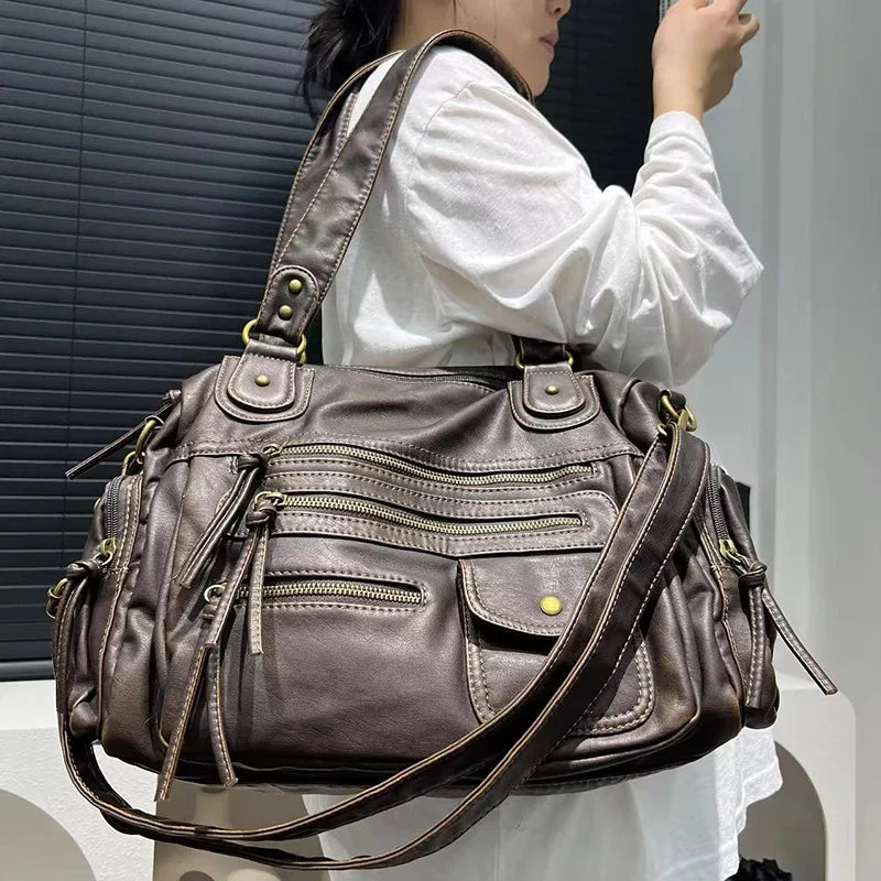 Y2K Hot Women's Punk Biker Tote Bag Large Capacity PU Leather Crossbody Purse with Multi Pockets for Work Commute Moto Style