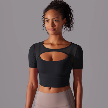 Women's Mesh Yoga Shirt Sexy Short Sleeve T-Shirt Sport Top Blouse Cover Up Quick Dry Gym Clothes Running Fitness Tank Sportwear