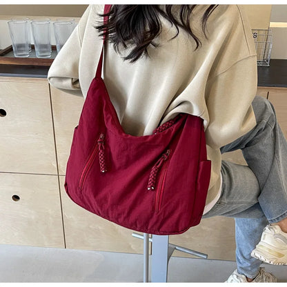 Summer Women Solid Color Shoulder Bag Fashion Lightweight Versatile Travel Crossbody Bag Commuter Nylon Large Capacity Hobo Bag
