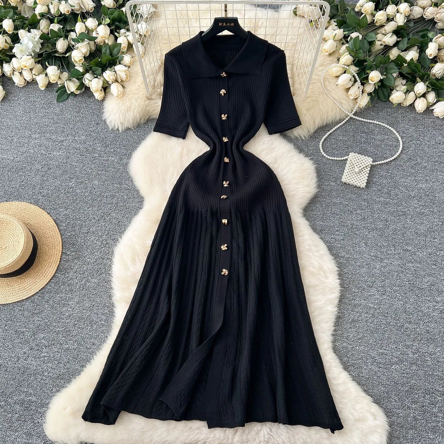 Fashion Elegant Patchwork Knitted Maxi Dress 2025 Summer Lady Turn-down Collar Shirt Sweater Dress Party Vestidos