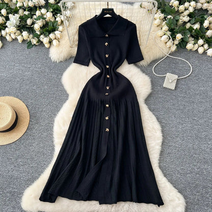 Fashion Elegant Patchwork Knitted Maxi Dress 2025 Summer Lady Turn-down Collar Shirt Sweater Dress Party Vestidos