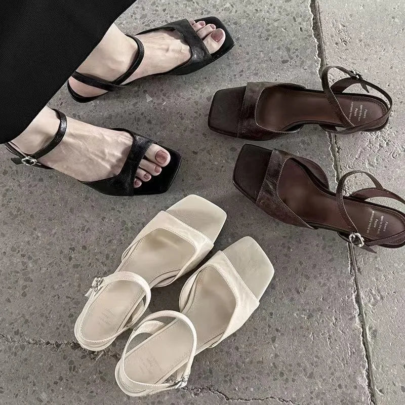 2025 Summer Women's Low Heel Sandals - Fashion Leather Material Suitable for Office Wear and Casual Outdoor Shoes Sizes 35 - 42