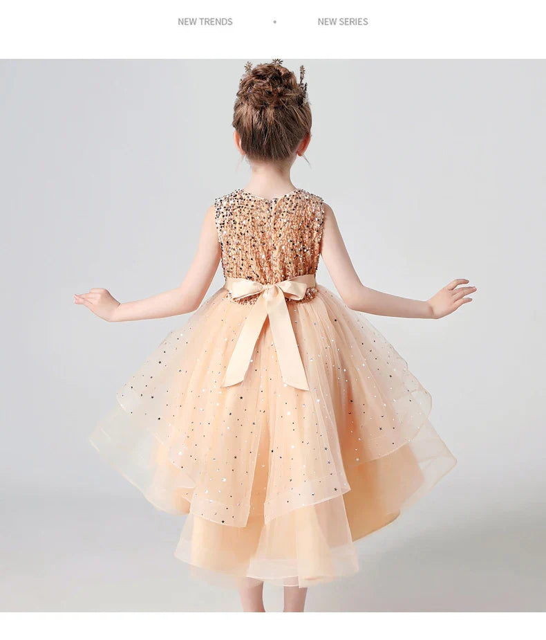 Summer Sequin Lace Tuxedo Wedding Dress for girls 3-13 years old Sleeveless fluffy Mesh gauze Doveark brand