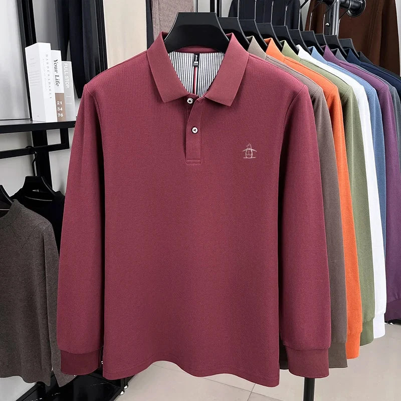 100% High-quality Cotton Latest Men's Polo Long Sleeve Autumn Spring Warm Fashionable Business Casual Cozy Delicate Embossed Top