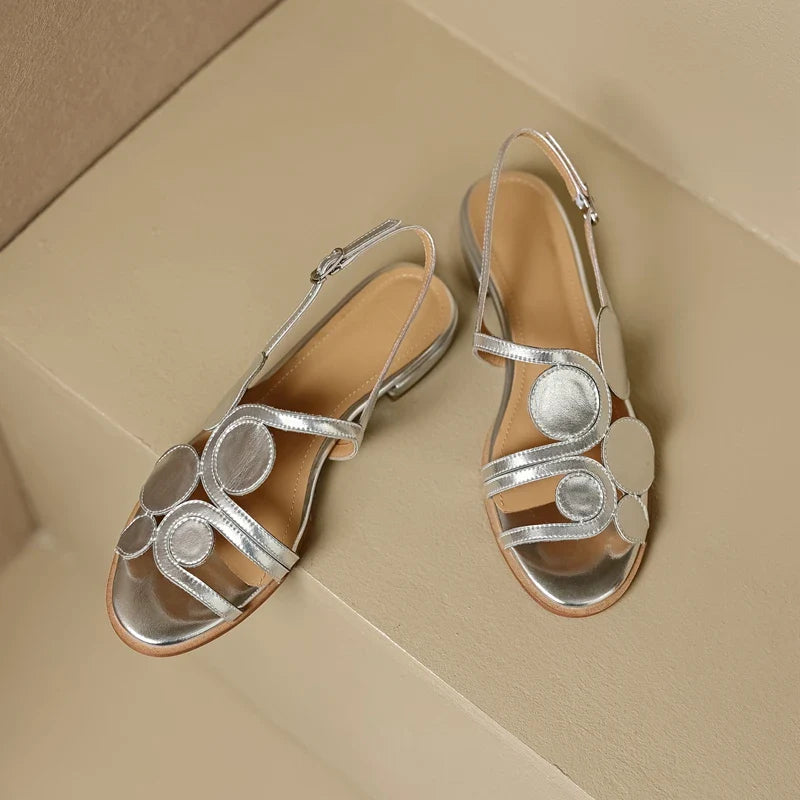 Women's New Round Head Spring/Summer Genuine Leather Sheepskin Spliced Low Heel Large Size Elastic Open Toe Sandals