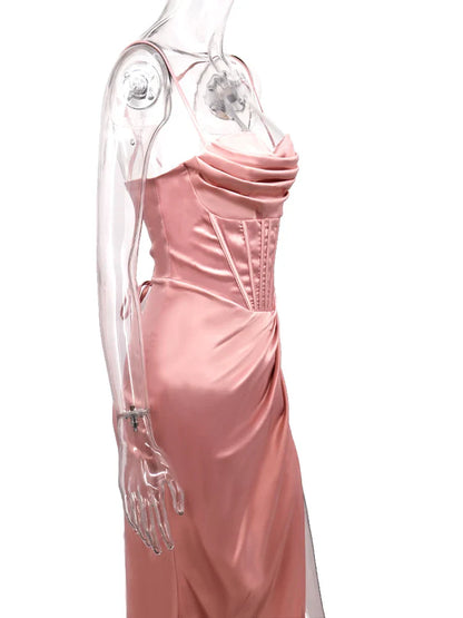 New Summer Prom Dress Women'S Sling Sleeveless Solid Color Dress One Word Neck Slim Fit Open Back Slit Red Sexy Dress