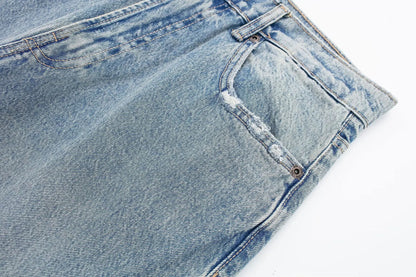 Women's Street Fashion Denim Blue Jeans Distressed Patchwork High Waist Zipper Fly Ripped Retro Long Pants