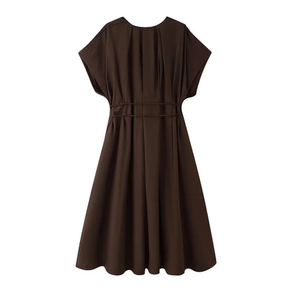 Spring Summer Vintage Women Dress Fashion Single Breasted Sashes Draped V Neck Sleeveless Chic Brown Ladies Dresses