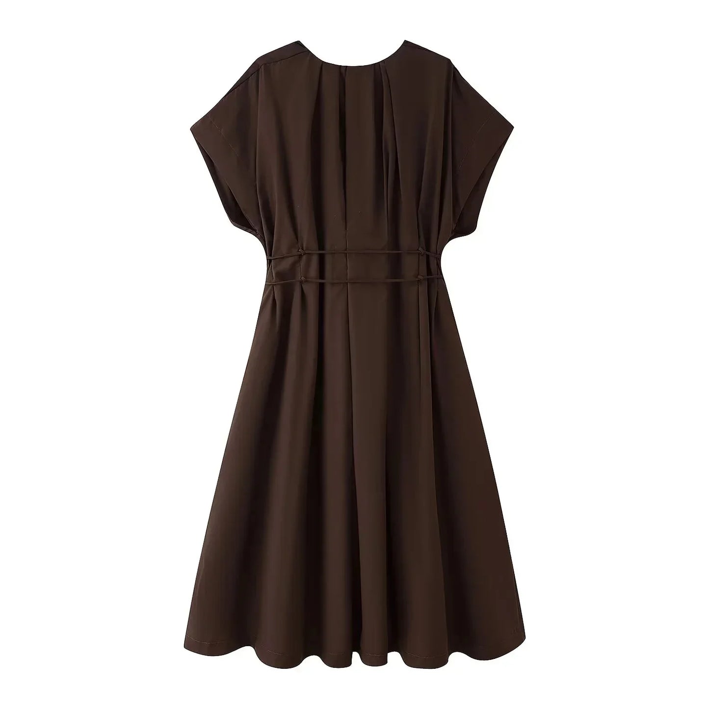 Spring Summer Vintage Women Dress Fashion Single Breasted Sashes Draped V Neck Sleeveless Chic Brown Ladies Dresses