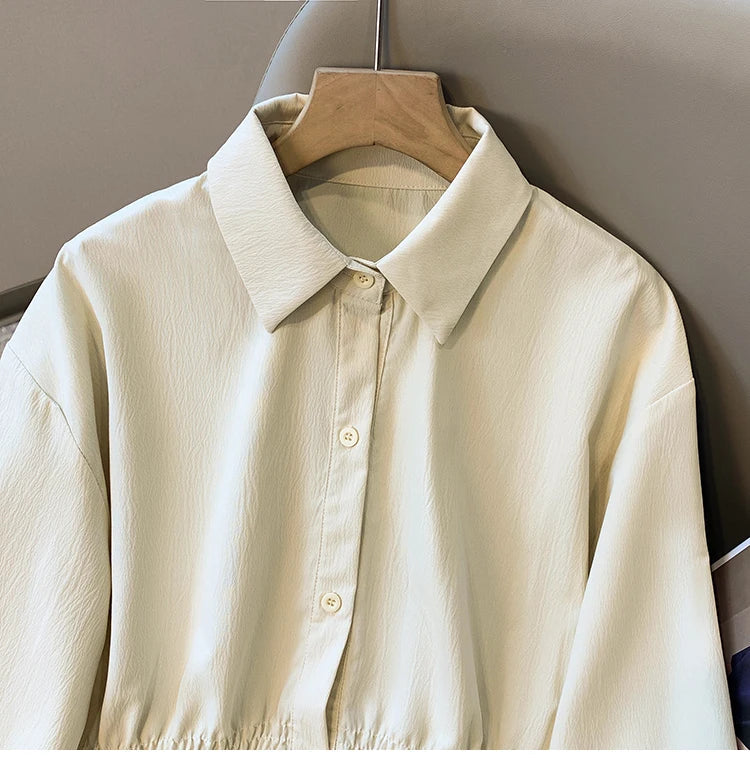 2026 Women's Plus Size Blouse Korean Style Spring Autumn Loose Elegant Casual Mid-length Tops Long Sleeved Waist Cinching Shirts
