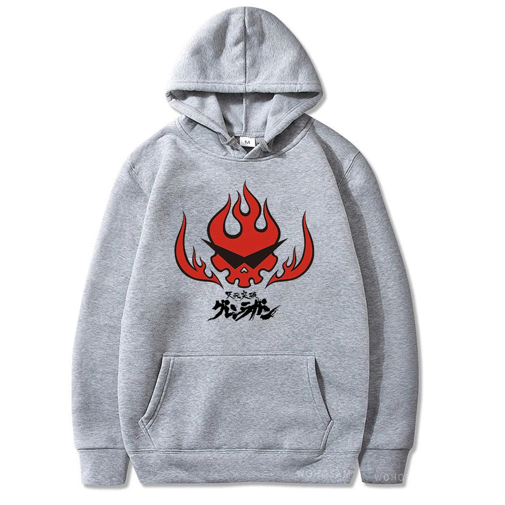 Anime Tengen Toppa Gurren Lagann Letter Hoodies Harajuku Flaming Skull Red Graphic Autumn Winter Warm Patchwork Sweatshirts