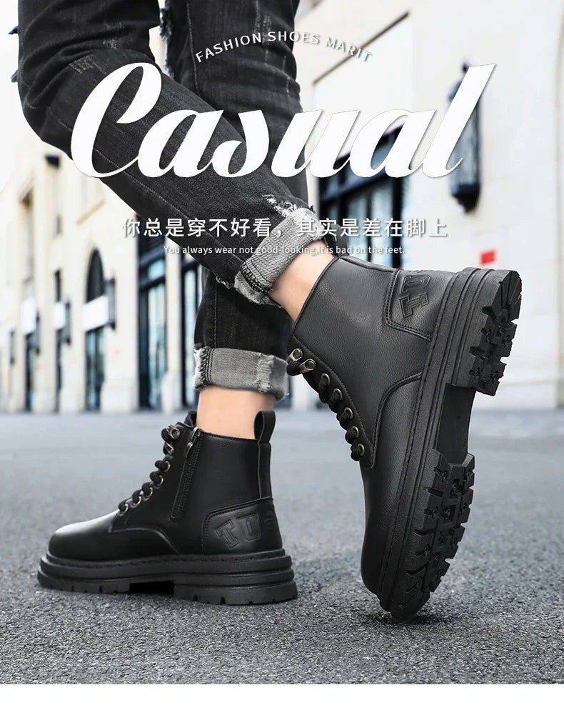 Men's boots four seasons soft-sole non-slip casual boots fashion outdoor work boots high boots classic Joker youth leather boots