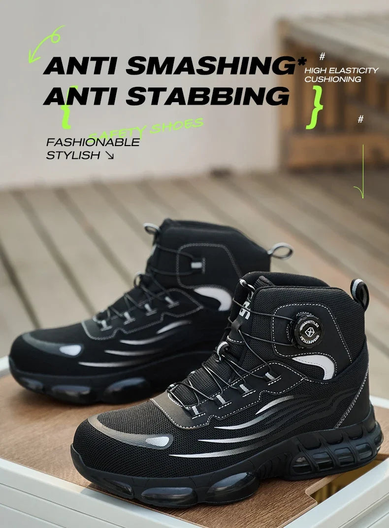 Men's Safety Shoes High Top Work Safety Shoes Steel Toe Sneakers Rotation Button Anti-smash Antipuncture Steel  Safety Boots