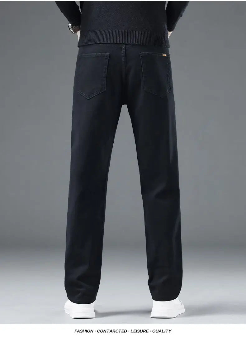 2026 Autumn Winter New Trendy Classic Jeans Male Solid Color Washed Straight Denim Pants Wide Leg Business Casual Stretchy Jeans