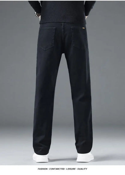 2026 Autumn Winter New Trendy Classic Jeans Male Solid Color Washed Straight Denim Pants Wide Leg Business Casual Stretchy Jeans