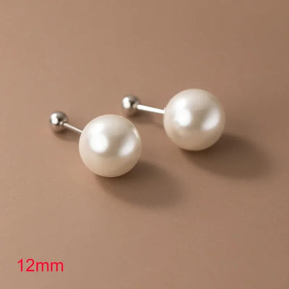Real 925 Sterling Silver Geometric Round Bead 6/8/10/12mm Pearl Stud Earrings For Women TRENDY Fine Jewelry Accessories