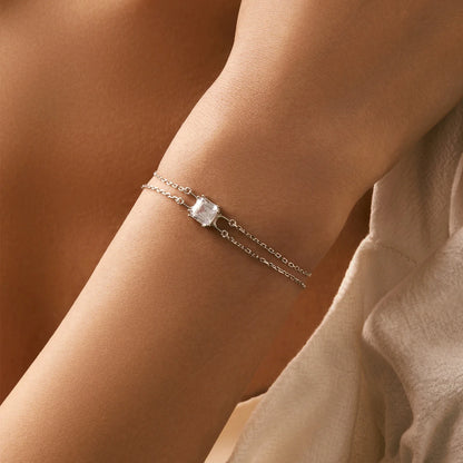 925 Sterling Silver Double Layer Link Chain Bracelet Shiny Square Emerald Cut Wedding Jewelry For Women Anniversary Gift