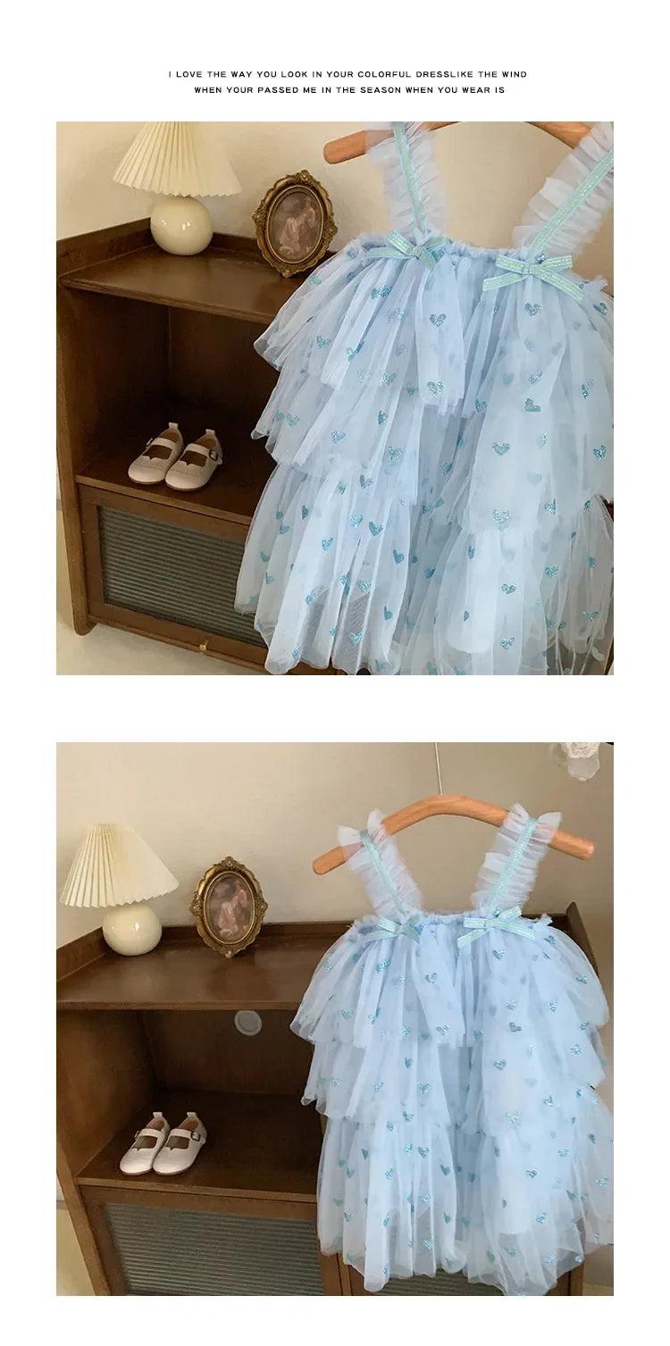 New Summer Baby Girls Party Dress Sleeveless Spaghetti Strap Love Heart Layered Princess Dresses for 3-7Year Old Kids E2310