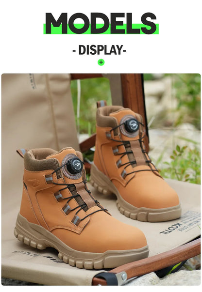 High Top Work Shoes Men Rotary Button Slip Resistant Safety Shoes Water Resistant Work Sneakers Anti-Puncture Anti-smash Shoes