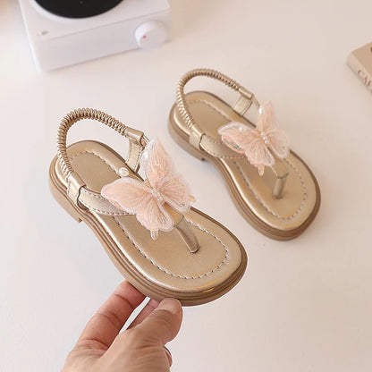 Korean Style Little Girl Sandal Clip-toe Children's Princess Beach Slippers Sweet Lace Butterfly Kids Fashion Flat Sandals New