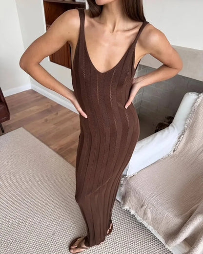 Backless Dress For Women V Neck Slim Sleeveless Suspender Maxi Dress Vacation Sexy Beach Knitted Elegant Long Dress