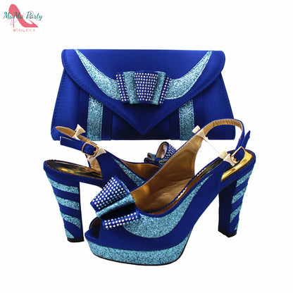 Fashion Pretty Peep Toe African Women Shoes Matching Bag Set in Silver Color Elegant Style Platform Sandals for Party