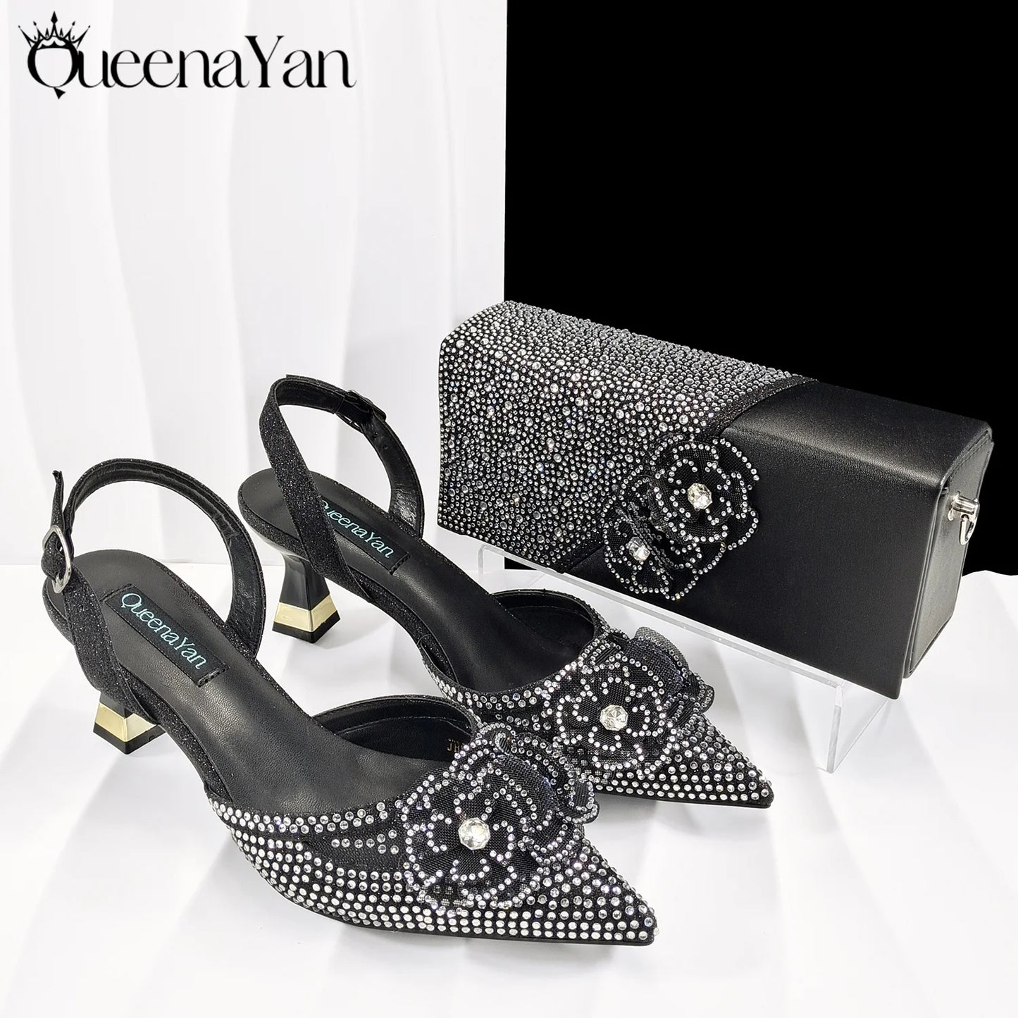 New Arrival Elegant Mature Fuchsia Color Rhinestone Design Pointed Toe High Heel and Bag Set for Party Wedding
