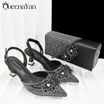 New Arrival Elegant Mature Fuchsia Color Rhinestone Design Pointed Toe High Heel and Bag Set for Party Wedding