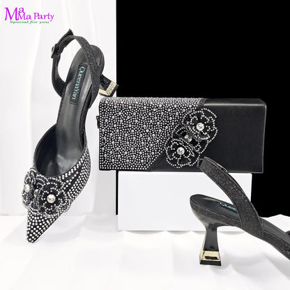 Coffee Color Mature Style New Arrivals High Quality Italian Women Shoes and Bag Set Party Shoes for Wedding with Crystal