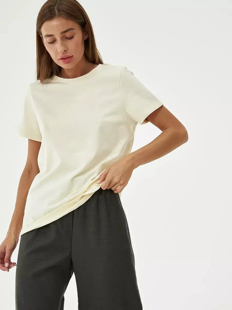 Summer 100% Cotton Women's T-shirt Bottoming Basic Fashionable Solid Lady Short Sleeve Loose Tops Shirts 230g/㎡ Tops