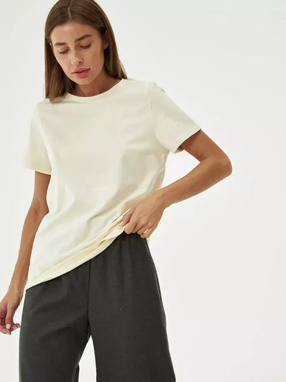 Summer 100% Cotton Women's T-shirt Bottoming Basic Fashionable Solid Lady Short Sleeve Loose Tops Shirts 230g/㎡ Tops