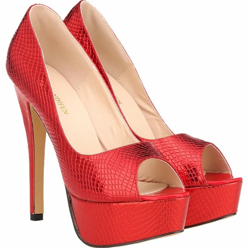 Women Sandals Sexy Pumps Patent Leather Platform Crocodile Pattern 14cm High Heels Peep Toe Stilettos Party Dress Wedding Shoes