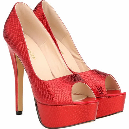 Women Sandals Sexy Pumps Patent Leather Platform Crocodile Pattern 14cm High Heels Peep Toe Stilettos Party Dress Wedding Shoes