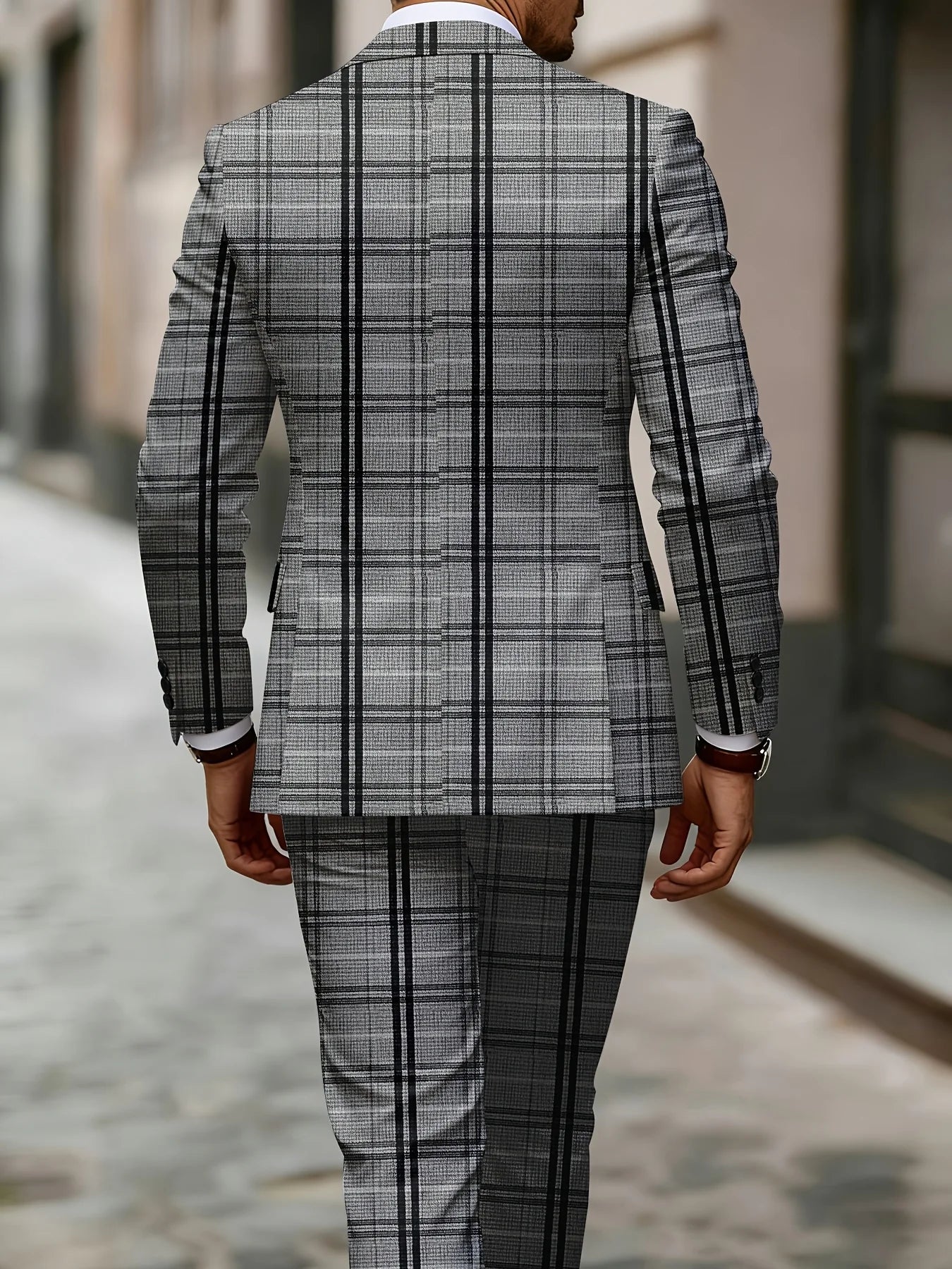European American Style Men's Business Fashion High Quality Grey Two-Piece Suit Plaid Print Casual Style