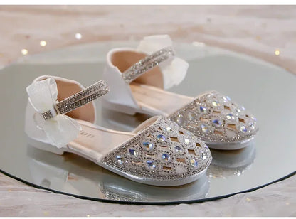 Girls Sandals Shiny Crystal Ins Trendy 2026 Summer New Kids Princess Shoes Mesh Lace Bows Girls Dance Shoes Elegant Hollowed-out